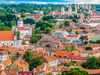 High angle view of buildings in city