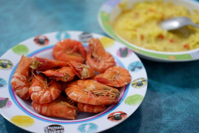 High angle view of seafood in plate on table