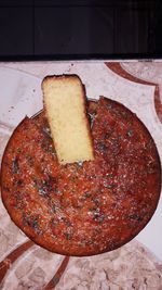 High angle view of dessert in plate on table