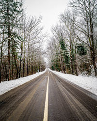 Road amidst bare trees against sky