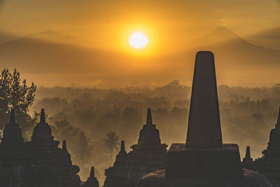 Panoramic view of temple against sky during sunset