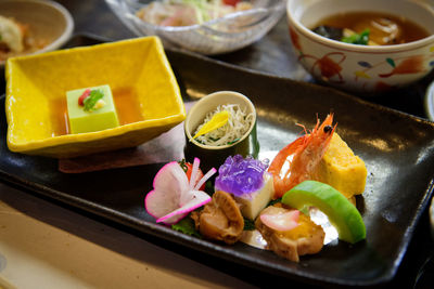 High angle view of food in plate on table