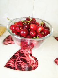 High angle view of strawberries in bowl