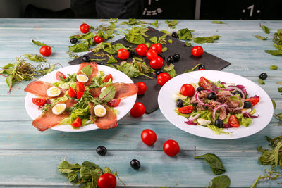 High angle view of fruits in plate on table