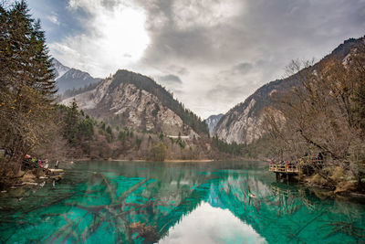 Scenic view of lake and mountains against sky