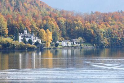 Scenic view of lake by trees during autumn