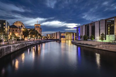 Illuminated buildings in water