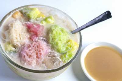 High angle view of soup in bowl