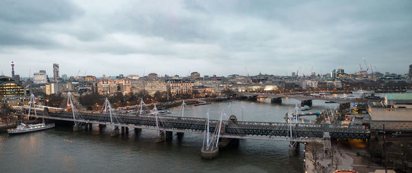 Bridge over river with cityscape in background