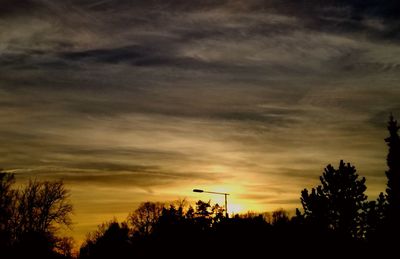 Low angle view of silhouette trees against orange sky