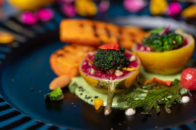 Close-up of served fruit salad in plate