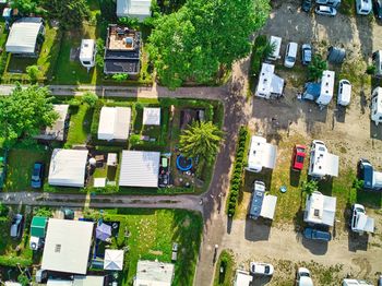 High angle view of street amidst buildings