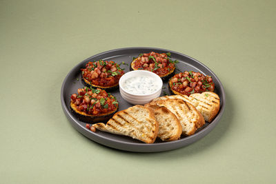 High angle view of food in plate on table