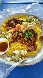 High angle view of food served in plate