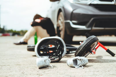 Close-up of toy car on road