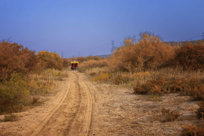 Rear view of man walking on field against clear sky