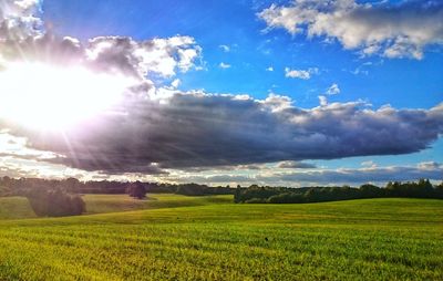 Scenic view of grassy landscape against cloudy sky