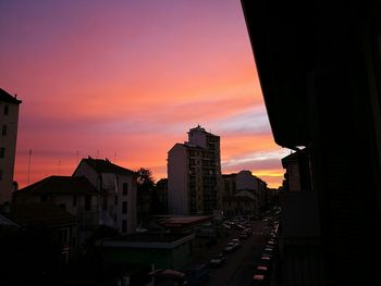 Panoramic view of city at sunset