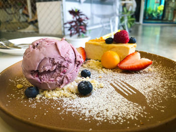 Close-up of ice cream in plate on table