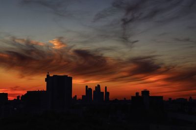Silhouette of buildings against cloudy sky during sunset