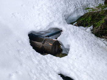 High angle view of snow on field during winter