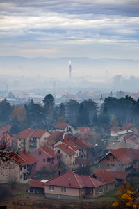 High angle view of townscape against sky