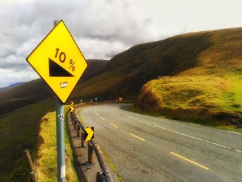 Close-up of road sign against sky