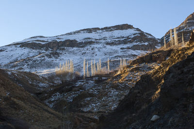 Scenic view of snowcapped mountains against clear sky