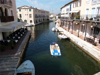 High angle view of boats in river