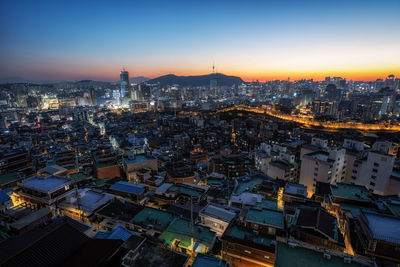 High angle view of townscape against clear sky