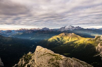 Scenic view of mountains against cloudy sky