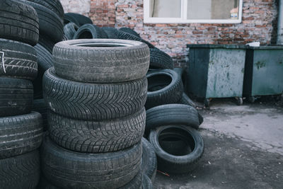 Pile of old tire . used tires at the dumpster