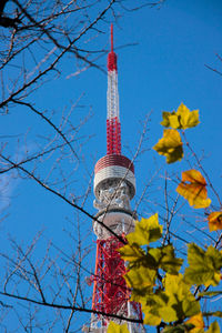 Low angle view of communications tower against sky