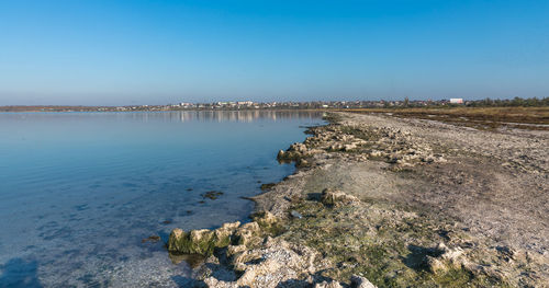 Scenic view of sea against clear blue sky