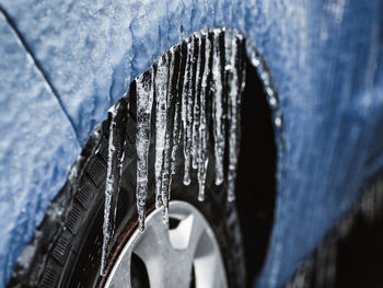 Close-up of icicles on metal during winter