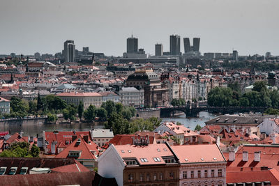 High angle view of buildings in city