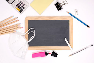 High angle view of books on table
