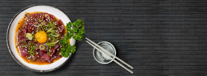 High angle view of food in plate on table