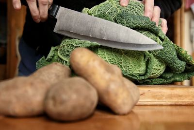 Midsection of person preparing food on cutting board