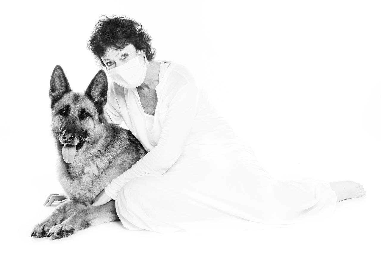 pet, animal themes, one animal, domestic animals, animal, mammal, dog, canine, white background, one person, adult, lap dog, cut out, studio shot, black and white, portrait, young adult, sitting, white, indoors, friendship, men, cute, copy space, monochrome photography, young animal, emotion, lifestyles, full length, positive emotion, love, purebred dog