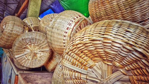 Close-up of wicker baskets for sale in market