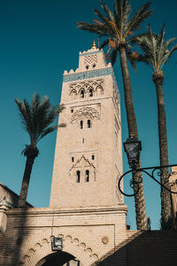 Low angle view of palm tree and building against sky