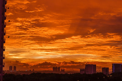 Cityscape against sky at sunset