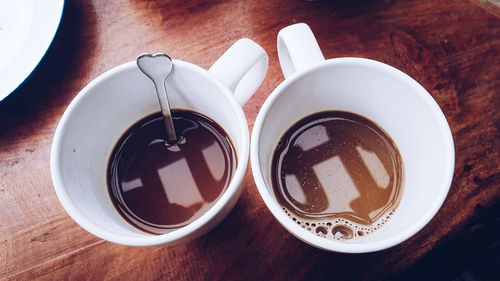 High angle view of coffee cup on table