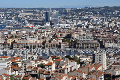 High angle shot of townscape against sky