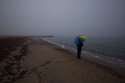 Rear view of man standing on beach against clear sky