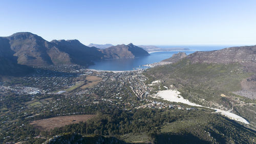 High angle view of bay against clear sky