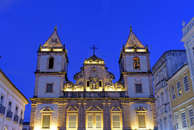 Illuminated facade of an ancient and historic church located in salvador, bahia in the pelourinho
