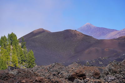 Scenic view of mountains against clear blue sky