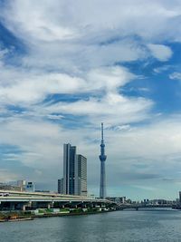 Low angle view of bridge over river against cloudy sky